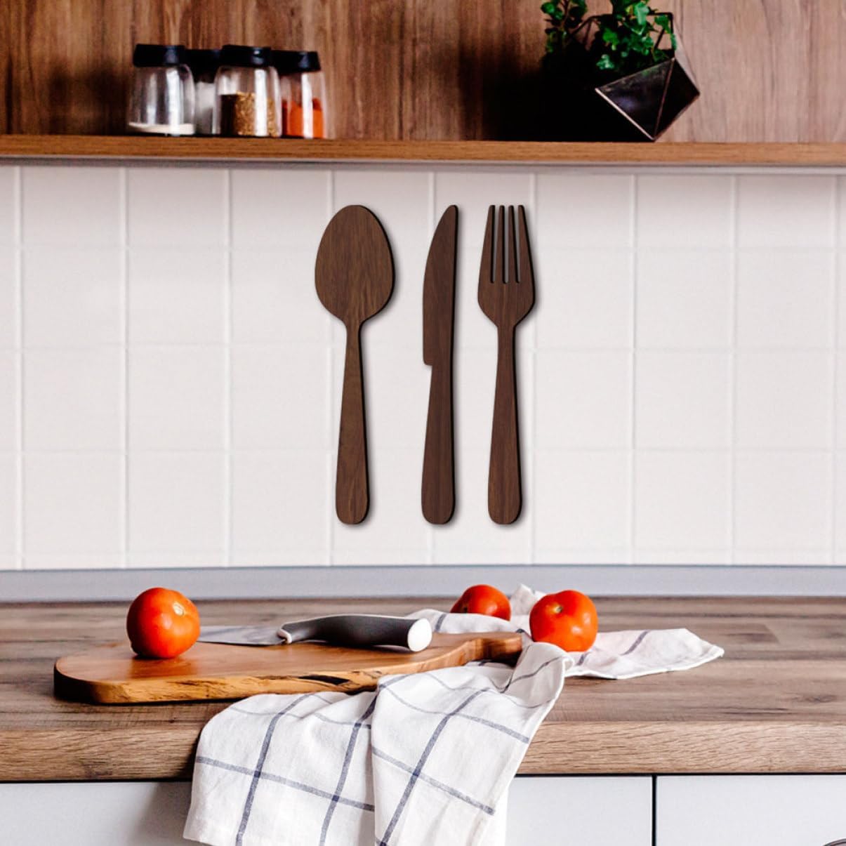 Wooden Kitchen Utensils Pendant 21.25 Inch Rustic Wall Decor Fork Spoon Sign for Home Dining Room Farmhouse Style