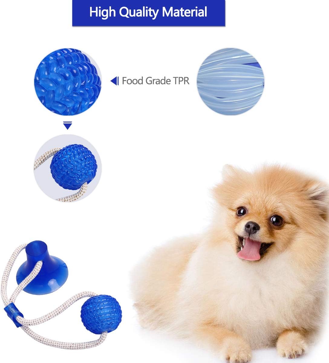 ODOLDI Pet Molar Bite Toy, Multifunction Interactive Ropes Toys, Self-Playing Rubber Chew Ball Toy with Suction Cup, Teeth Cleaning Tool for Dogs Cats (Blue)