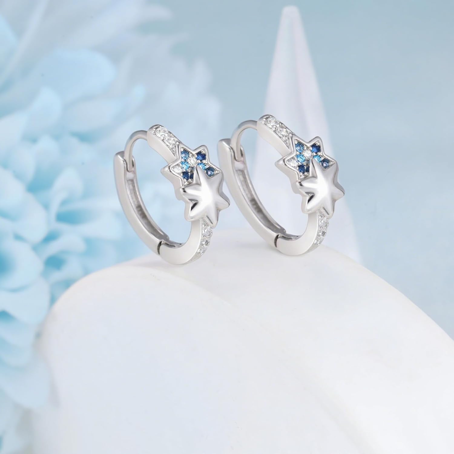 S925 Sterling Silver Star Huggie Earrings with Blue Cubic Zirconia Celestial Double Star Hoop Earrings for Women Hypoallergenic Small Cartilage Cuff Star Dainty Gifts for Birthday Party Girlfriend - Image 3