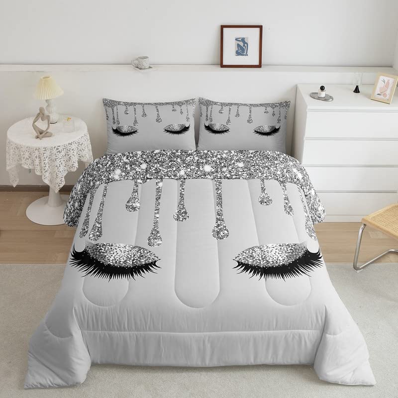 Glitter (No Glitter No Sequin) Eyelash Bedding Set Eyes Design Comforter Modern Simple Lovely Comforter Set for Kids Adults Grey Duvet Set Soft Room Decor 3Pcs King Size Boys