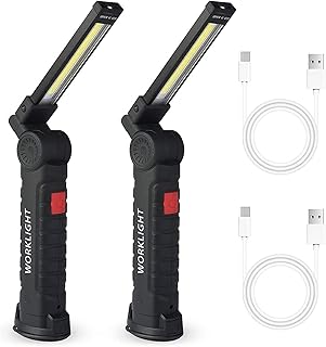 2Pack LED Work Lights, USB Rechargeable COB Light with Magnetic Base 360°Rotate and 5 Modes, Folding Flashlight Inspection Mechanic Light for Car Repairing, Workshop, Household and Emergency Use,Large