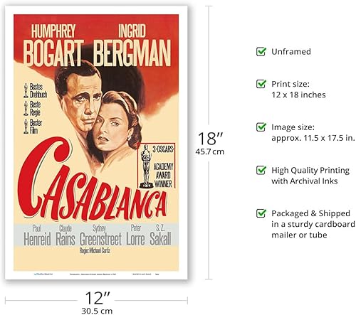 Miniatura 2 de Casablanca  Protagonizada por Humphrey Bogart Ingrid Bergman  Póster de película vintage c.1942  Impresión artística maestra (sin marco) 12 x 18