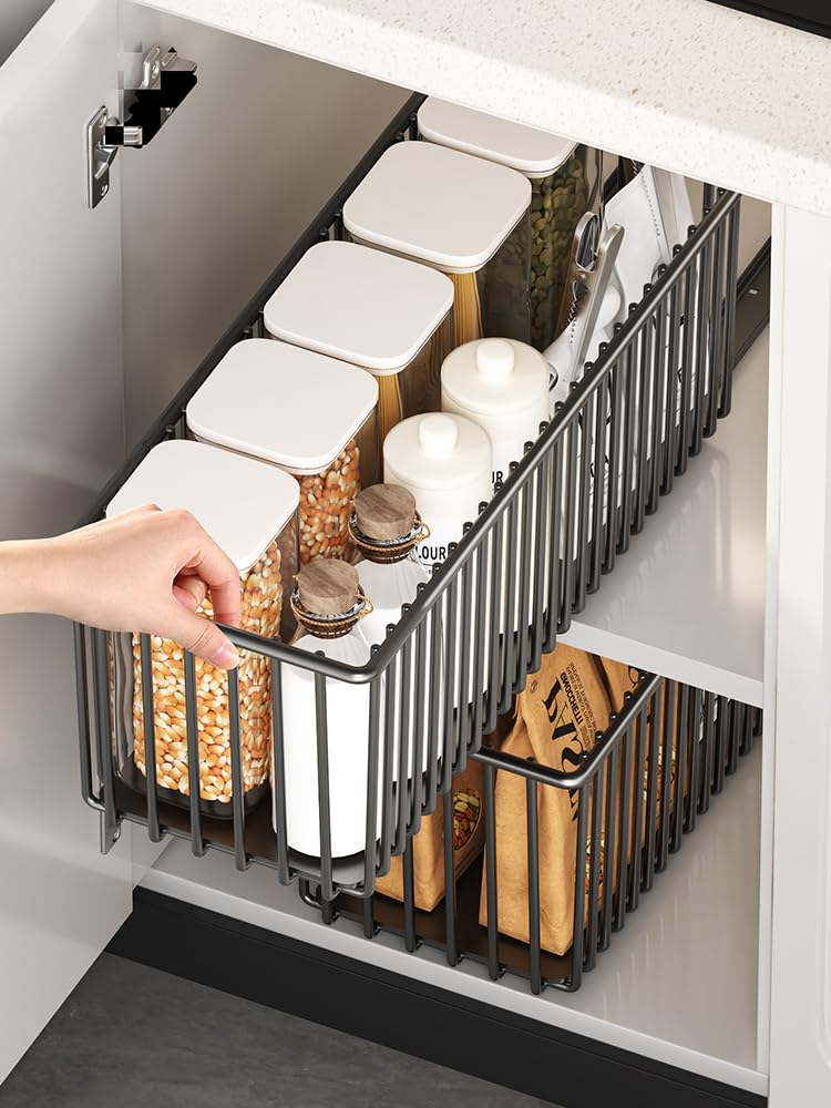 4 Pezzi Cassetto Estraibile Cucina, Cassetti estraibili per cucina senza Senza Bisogno di Trapano e Chiodi, Cassetti Scorrevole Armadio da Bagno (Nero,41D X 15.3W X16H CM)