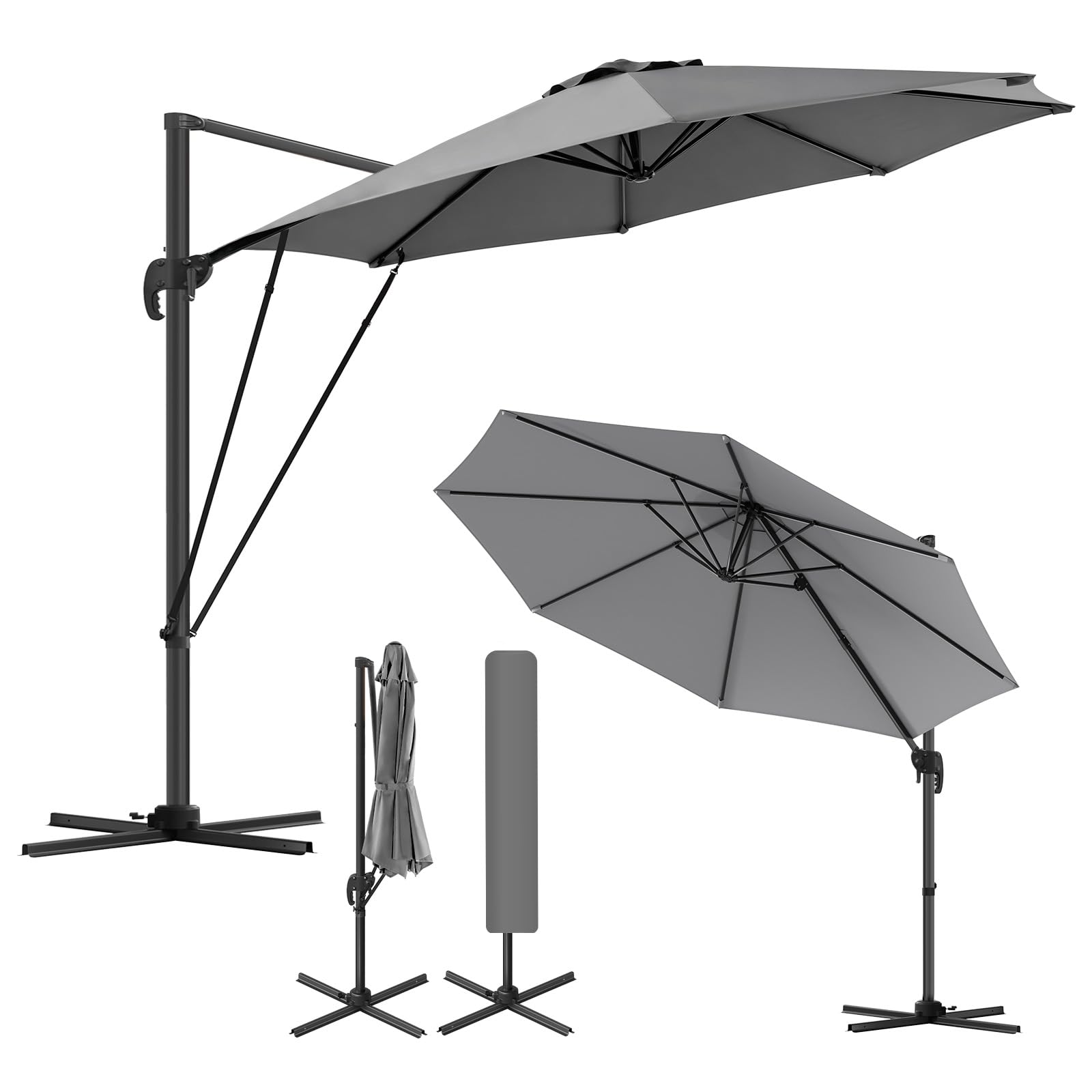 WOLTU Sombrilla Parasol Ø 3 m, Parasol Jardin Giratorio 360°, UPF 50+, Ajustable de 5 Niveles, con Base Manivela Mástil de Metal, para Terraza Playa Piscina Mercado Patio Exterior