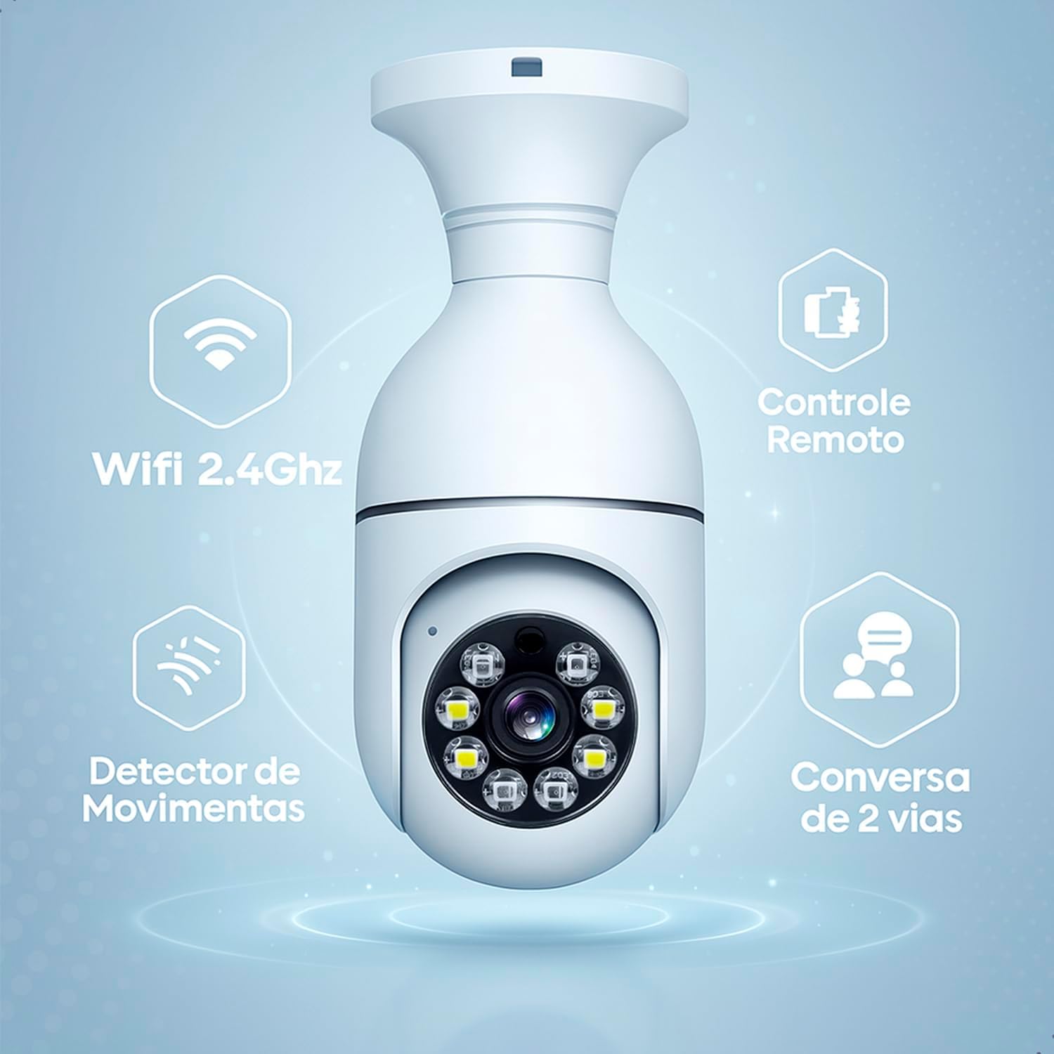 Câmera Lampada De Segurança Inteligente Ip Wifi Com Visão Noturna Vigilancia Interna Externa Giratoria Espiã 360º Cor Branco