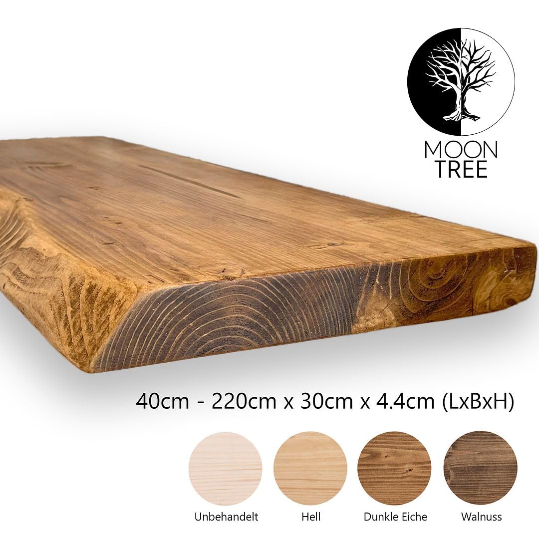 MoonTree rustikales Wandregal, lebendiger Rand, 100 cm x 30 cm x 4.4 cm, dunkle Eichenoptik