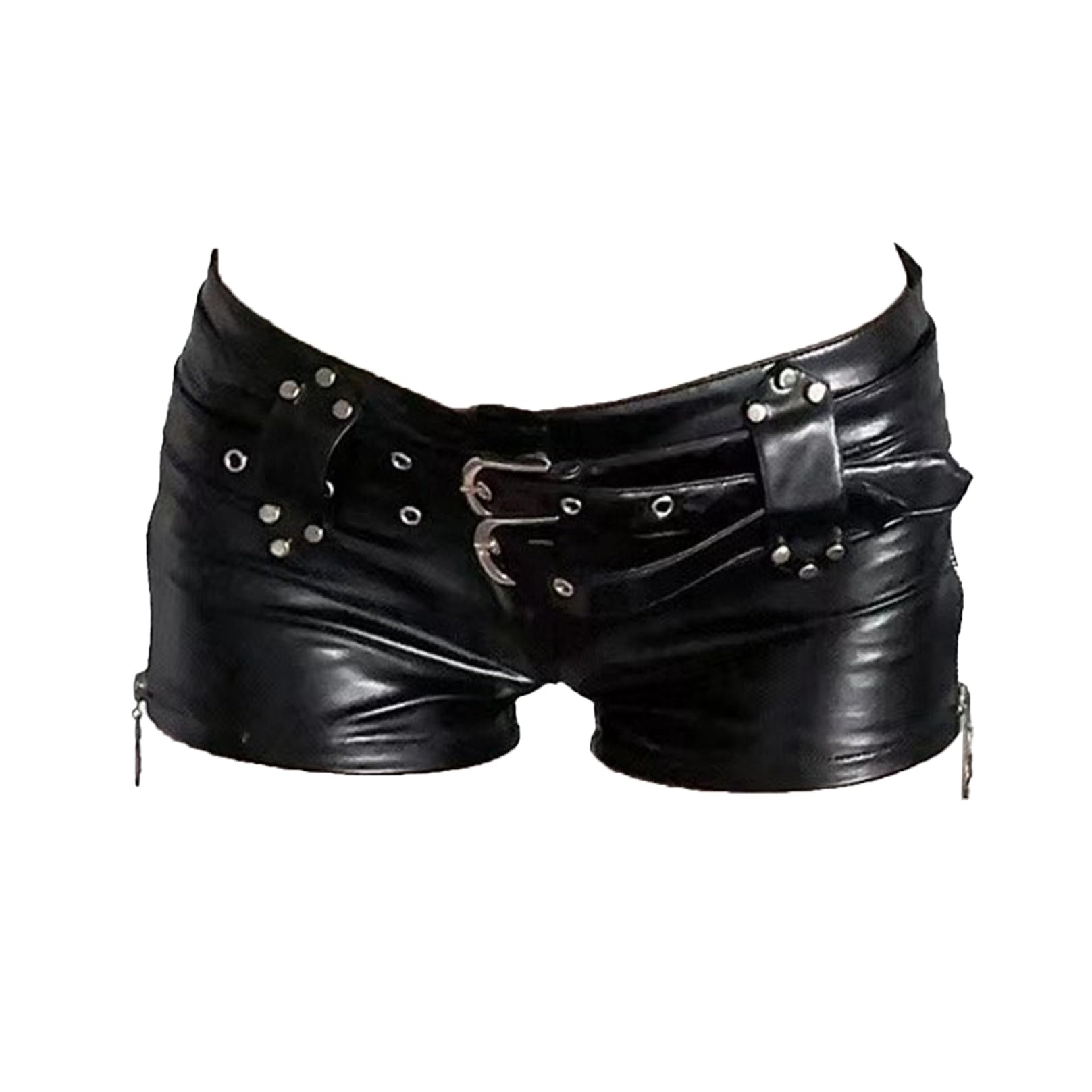 Agoky Damen Wetlook Hot Pants Kurze Hose mit Nieten Low Taille PU Leder ShortsSexy Booty Gogo Tanz Bottoms Clubwear