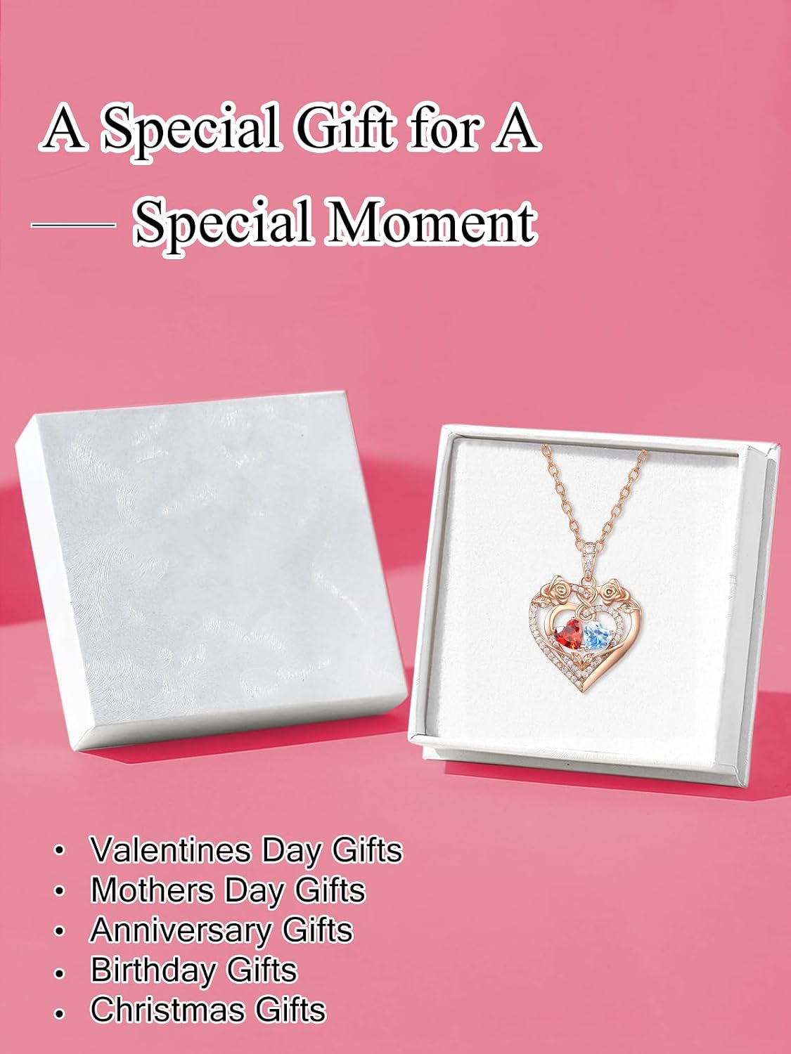 Rose Heart Necklace for Women Exquisite Anniversary Birthday Gifts for Wife Mother Her Double Birthstone Pendant Jewelry I Love You Gifts