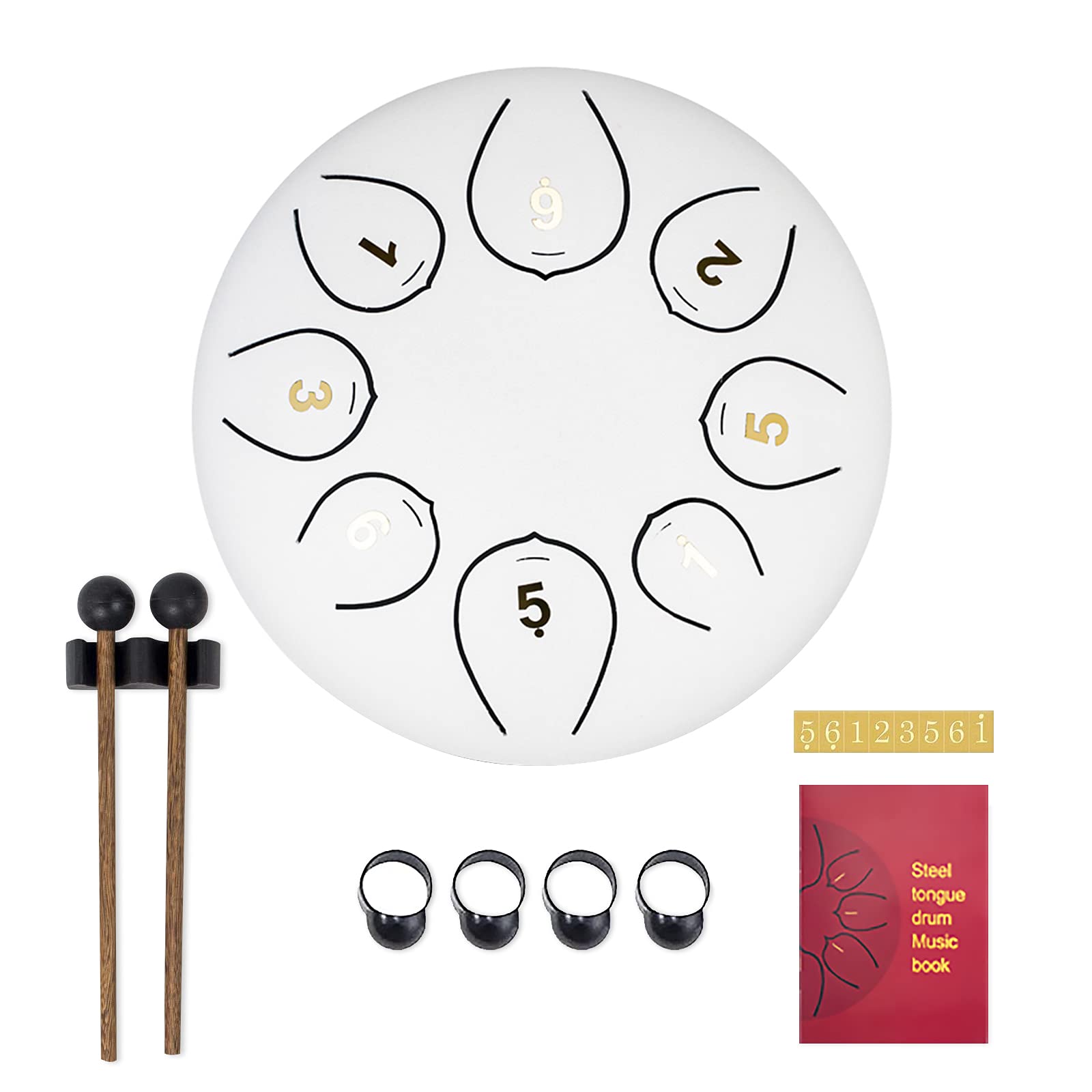 SONARIN Tambour de Langue en Acier Tongue Drum 8 Notes 6 Pouces,Tambour Handpan Steel Tongue Drum Instrument à Percussion avec 2 Baguettes,Sac de Transport,Livre de Musique,4 Médiators(Blanc)