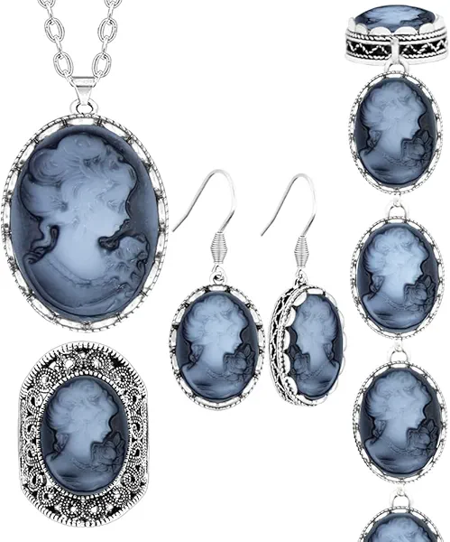 Vintage Look Lady Queen Cameo Sets For Women Victoria Pendant Cameo Necklace Earrings Ring Bracelet Fashion Jewelry