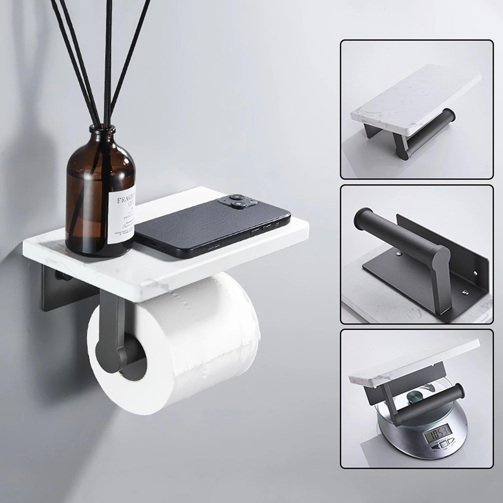 Zjyufy Toilet Roll Holder Wall-Mounted, Toilet Roll HolderStainless Steel Toilet Paper Holder with Marble Shelf, Bathroom Accessory - Image 3