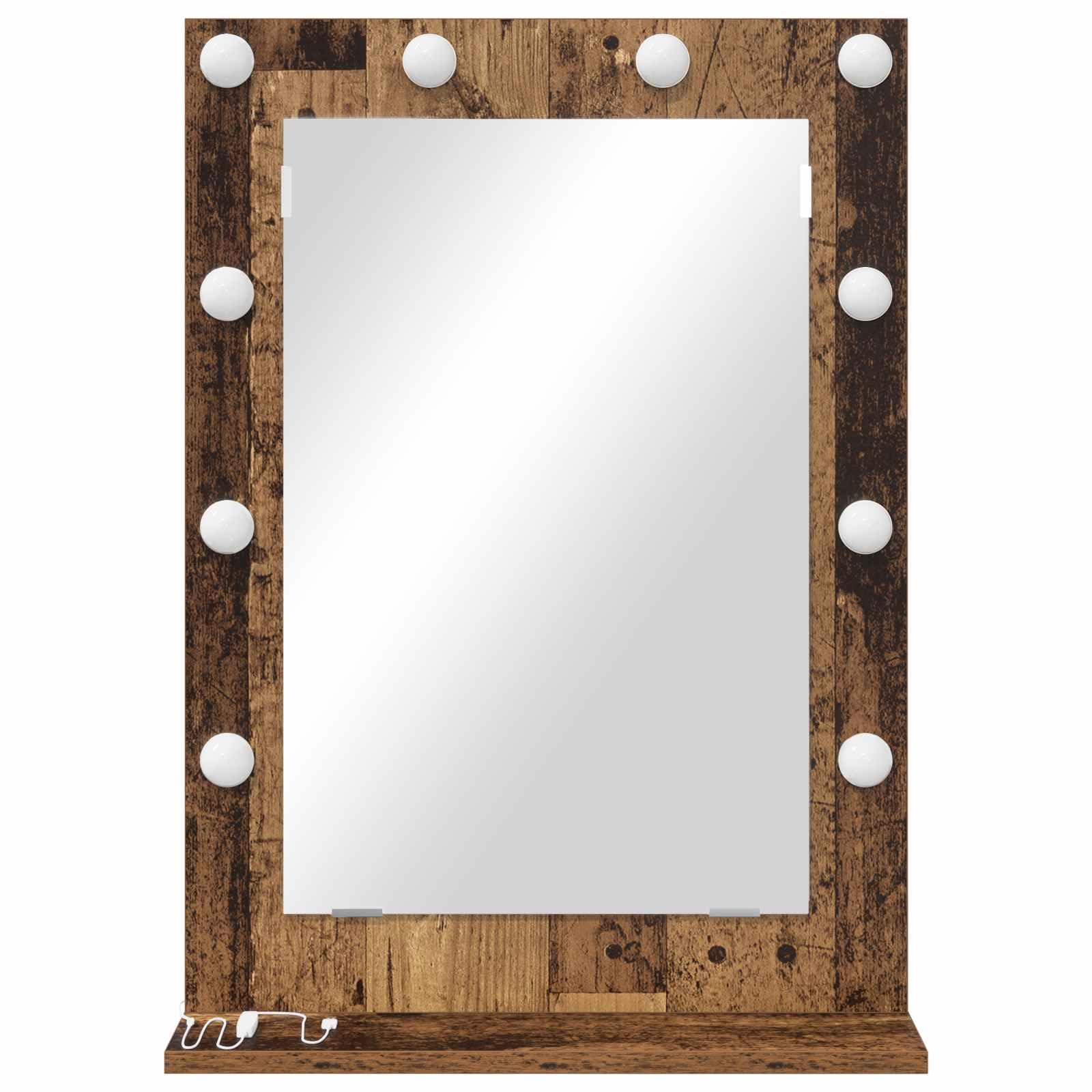 Specchio per lavabo angolare in legno anticato, 70 x 50 x 18 cm, illuminazione a LED, luce bianca calda, cornice in legno, alimentazione USB, per camera da letto, bagno, decorazione, cosmetici