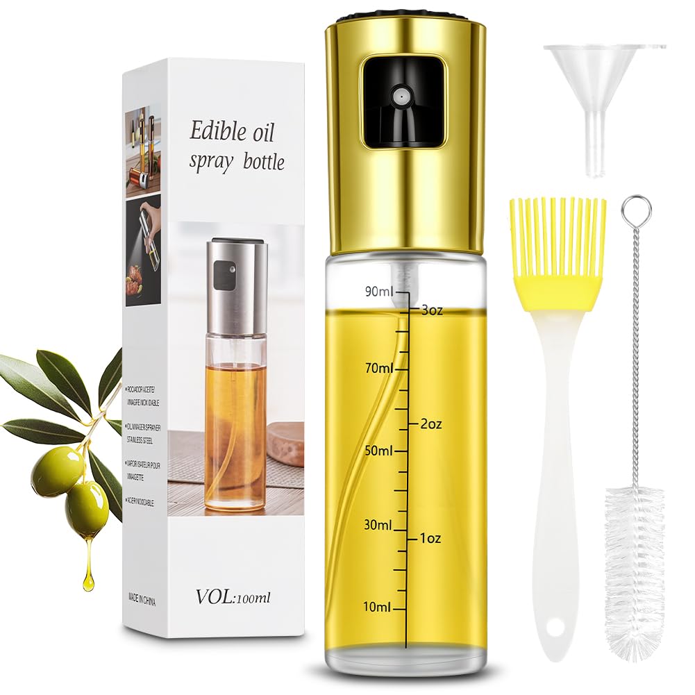 OSDUE Oil Spray Bottle, 100ml Olive Oil Spray Bottle with Accessories, Leakproof Vinegar Glass Dispenser Bottles for Cooking, BBQ, Salad, Baking, Air Fryer