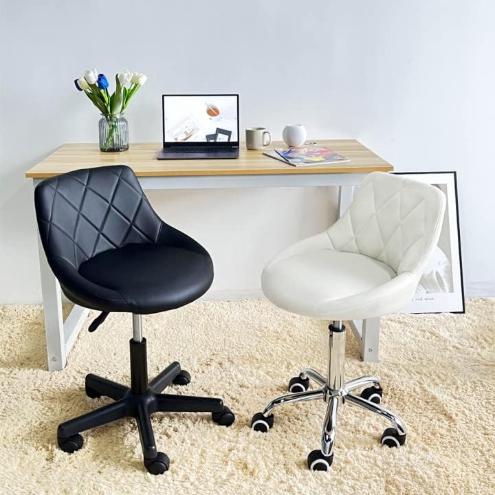KKTONER Office Computer Desk Chair Mid Back PU Leather Height Adjustable Swivel Modern Task Chair Home Vanity Chair Drafting Work SPA Salon Stools with Wheels (White)