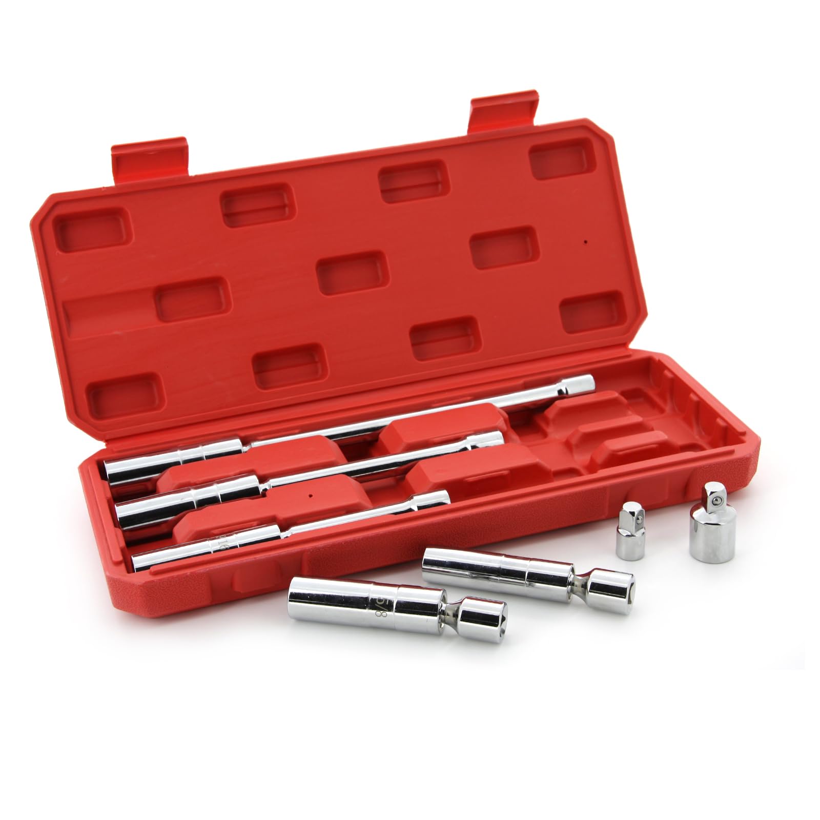7PCS Magnetic Spark Plug Socket Set Includes 5/8" x 4", 5/8" x 8" and 5/8" x 11" 6-Point, 9/16" x 6" and 14mm x 4" 12-Point Sockets 3/8-inch Drive