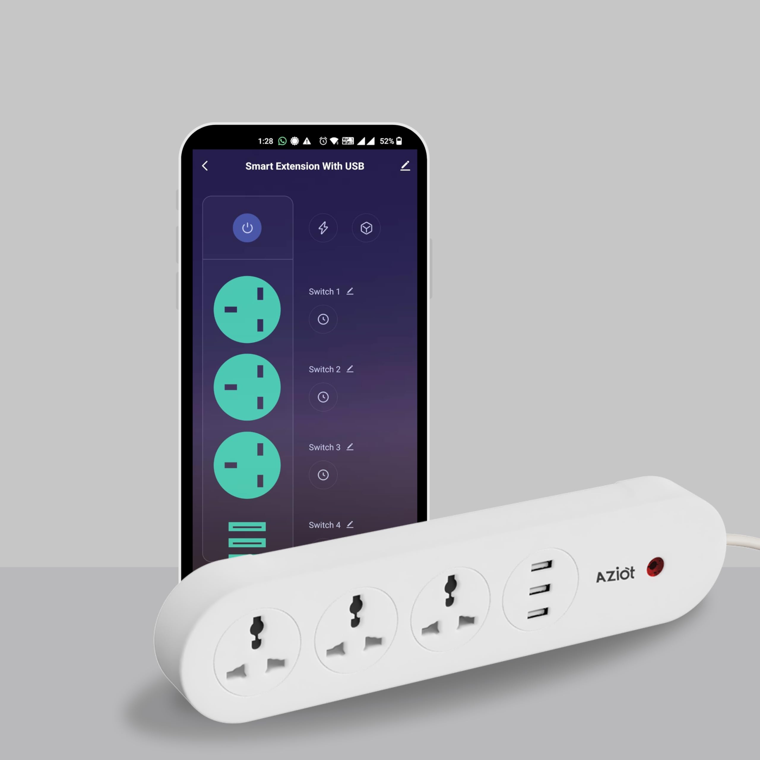 AZIOT 3 Socket + USB Smart Extension - WiFi/Bluetooth Communication- Power Monitoring - Individual Control - Made in India - Timer Function - Works with Google Home and Amazon Alexa
