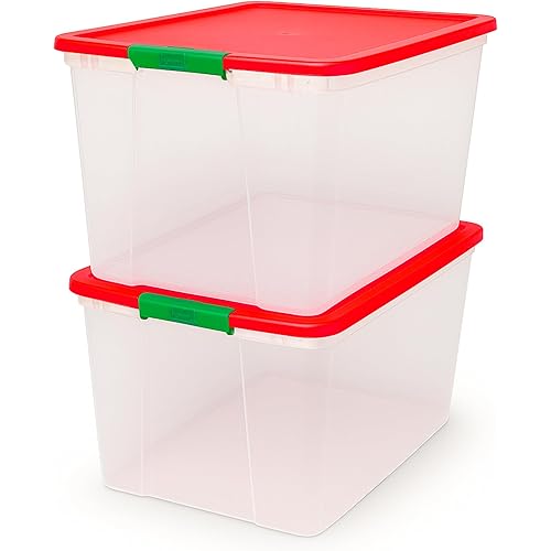 HOMZ 2 Pack Secure Latch, Clear Plastic Storage Organizer Bins, 64 Quart, Red Lid - Stackable Container Boxes for Bedroom, Bathroom, Garage, and Office Organization
