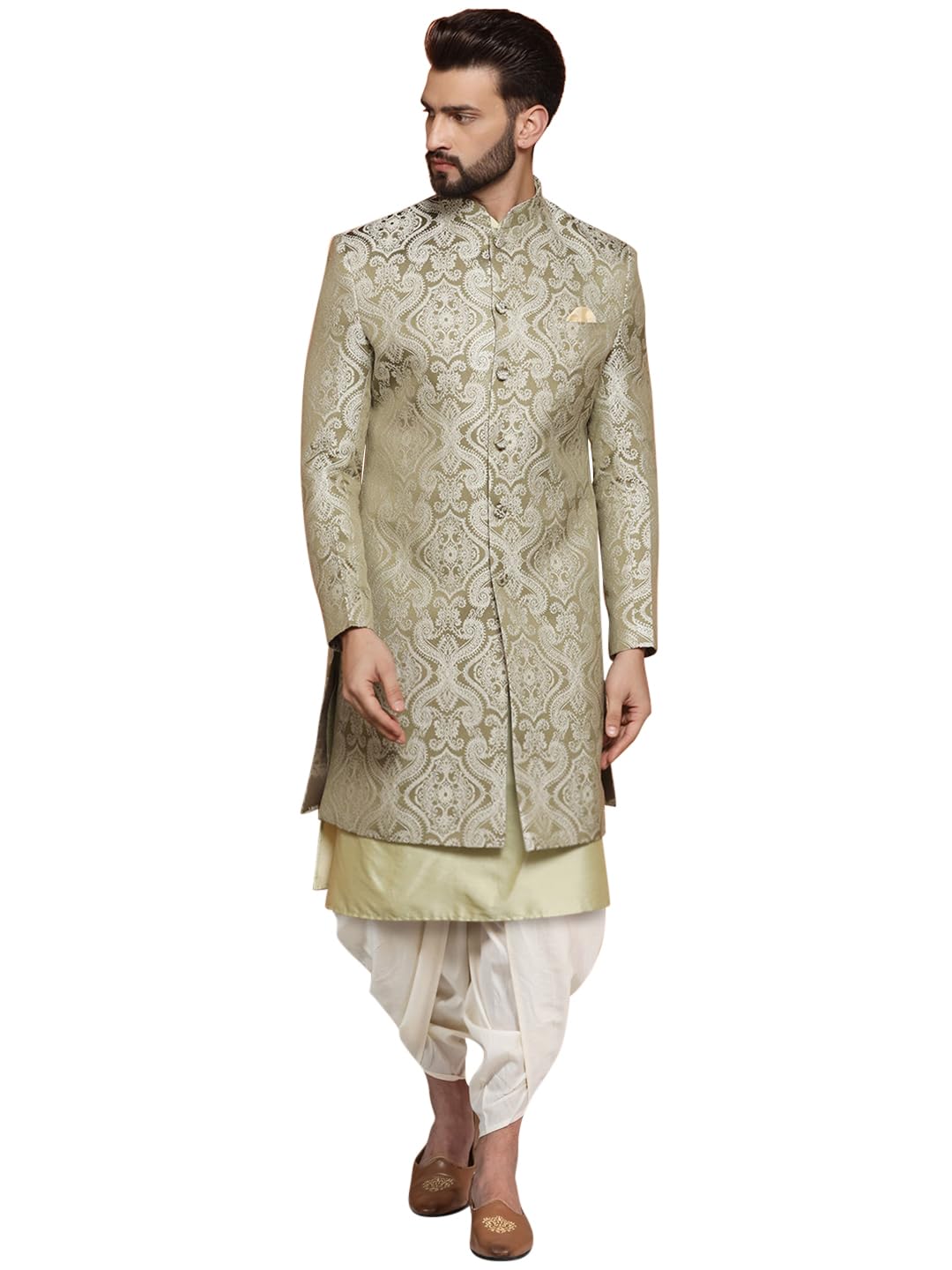 Kisah Mens Kurta Sherwani Dhoti Set Silk Blend Jacquard, Indo-Western, Green, 38