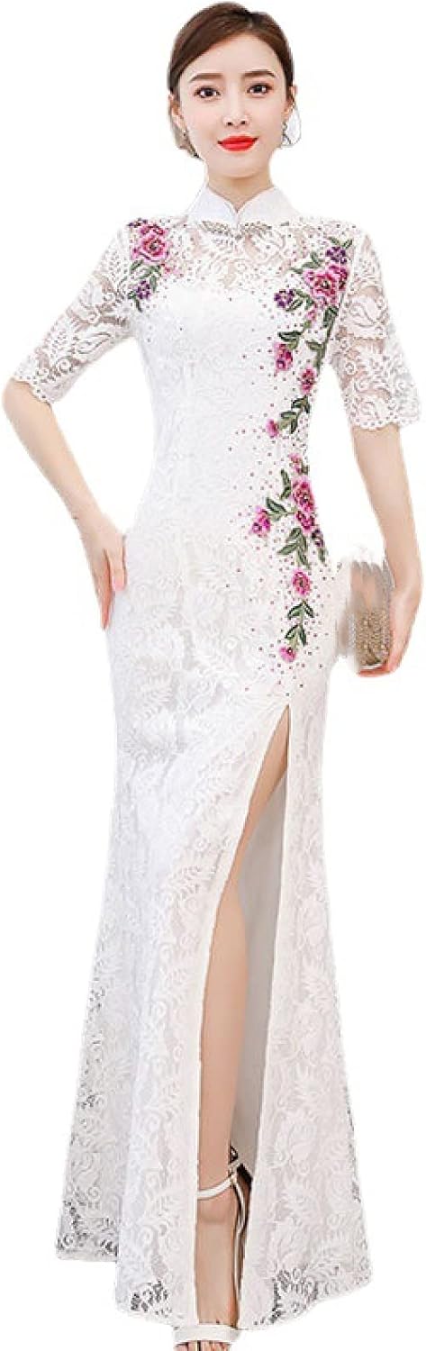 YAROVA Women's Chinese Cheongsam Dress - Lace Hollow Long Cheongsam Classic Satin Party Wedding Qipao Women Sexy Dres