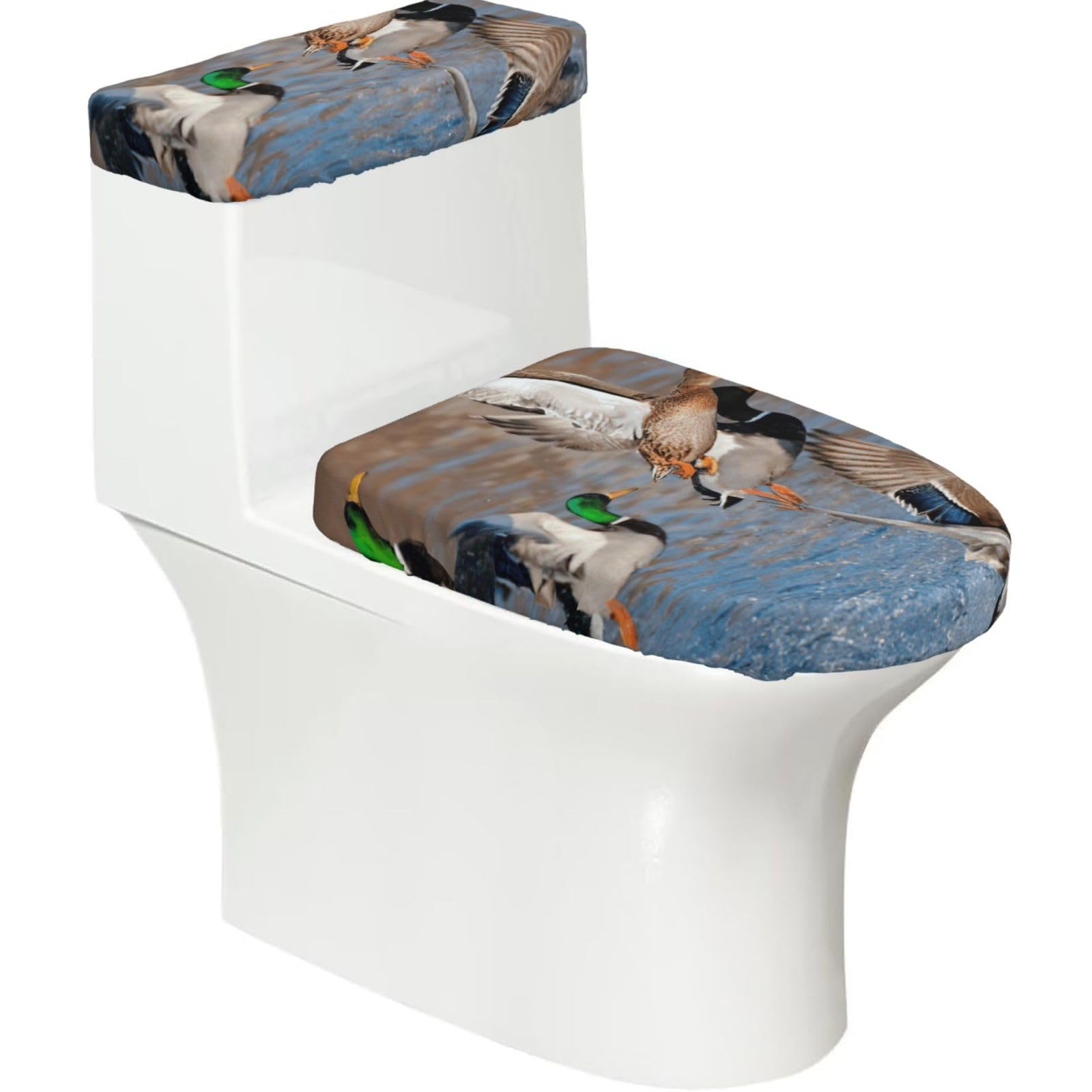 Mallard Ducks Print 2-Piece Stretch Toilet Cover Set, Elastic Breathable Toilet Seat and Tank Lid Protector