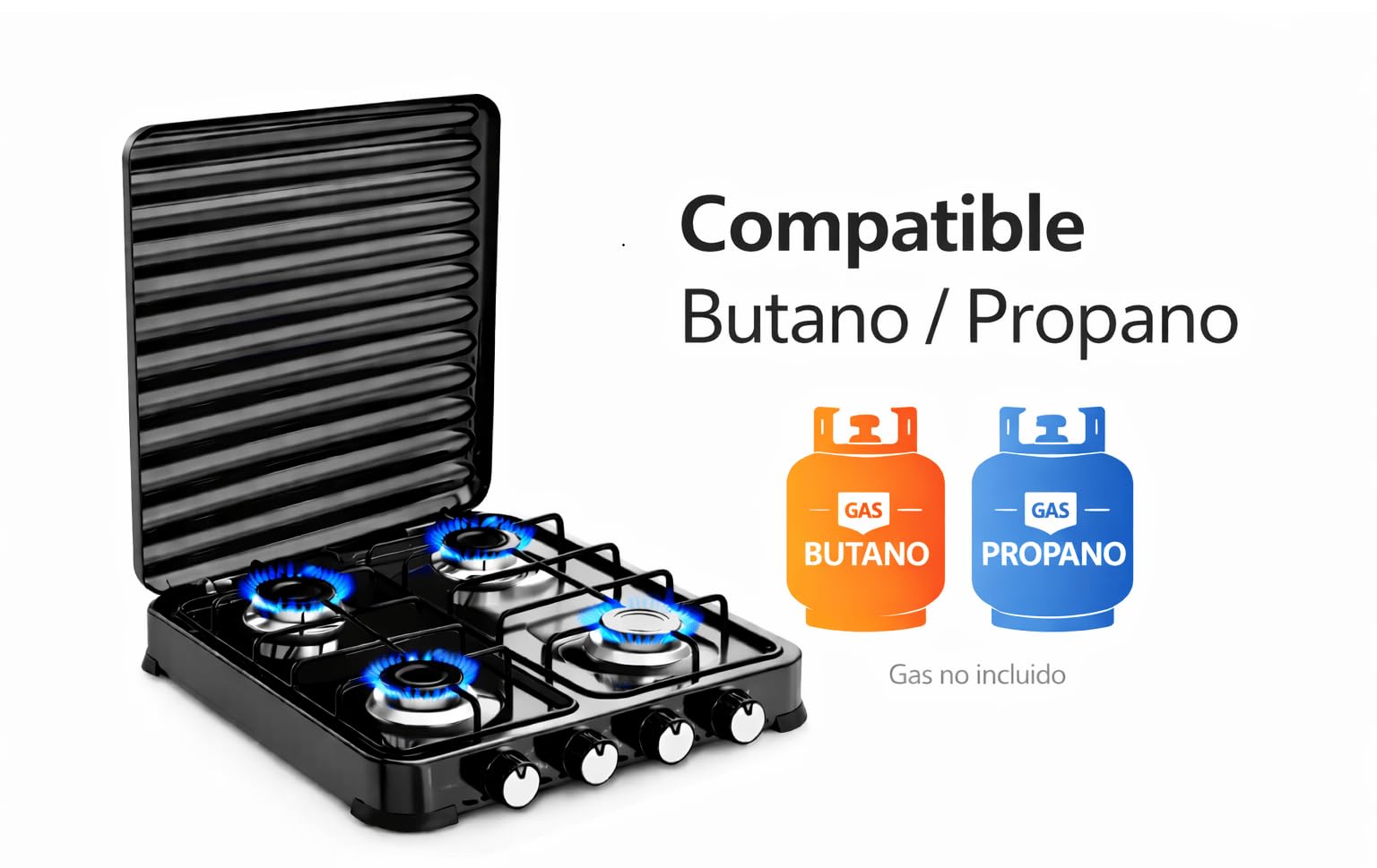 Fornello a gas portatile 4 fuochi (4 bruciatori) 8,8 kW · Fornello da campeggio esterno · Per butano e propano · Coperchio apribile · Fiamma regolabile (4 fuochi)