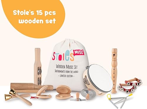 Miniatura 9 de Stoie's Instrumentos musicales de madera para niños pequeños con tambor, flauta, campanas de mano, platillos, castañuelas, triángulo, para bebés y