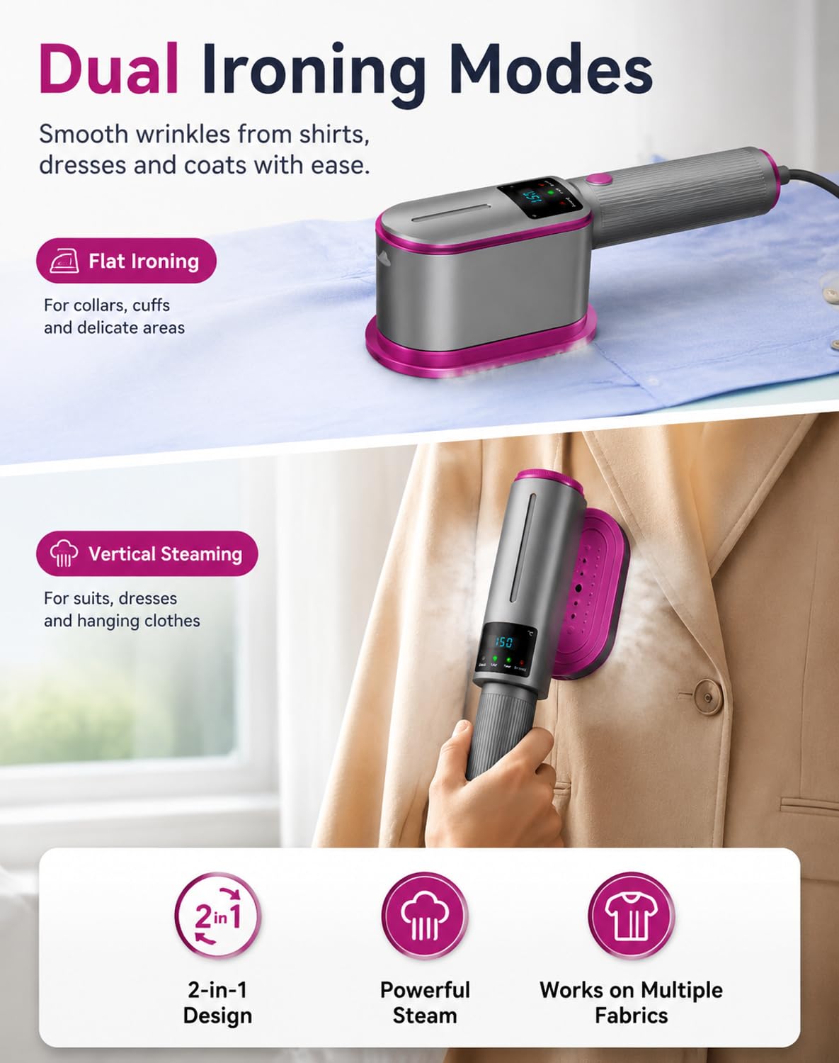 Flexsteam 2 in 1 Travel Steamer Iron Foldable Handheld Garment Steamer | Compacto y Portátil, Uso en Viajes, Diseño Plegable, 2 en 1
