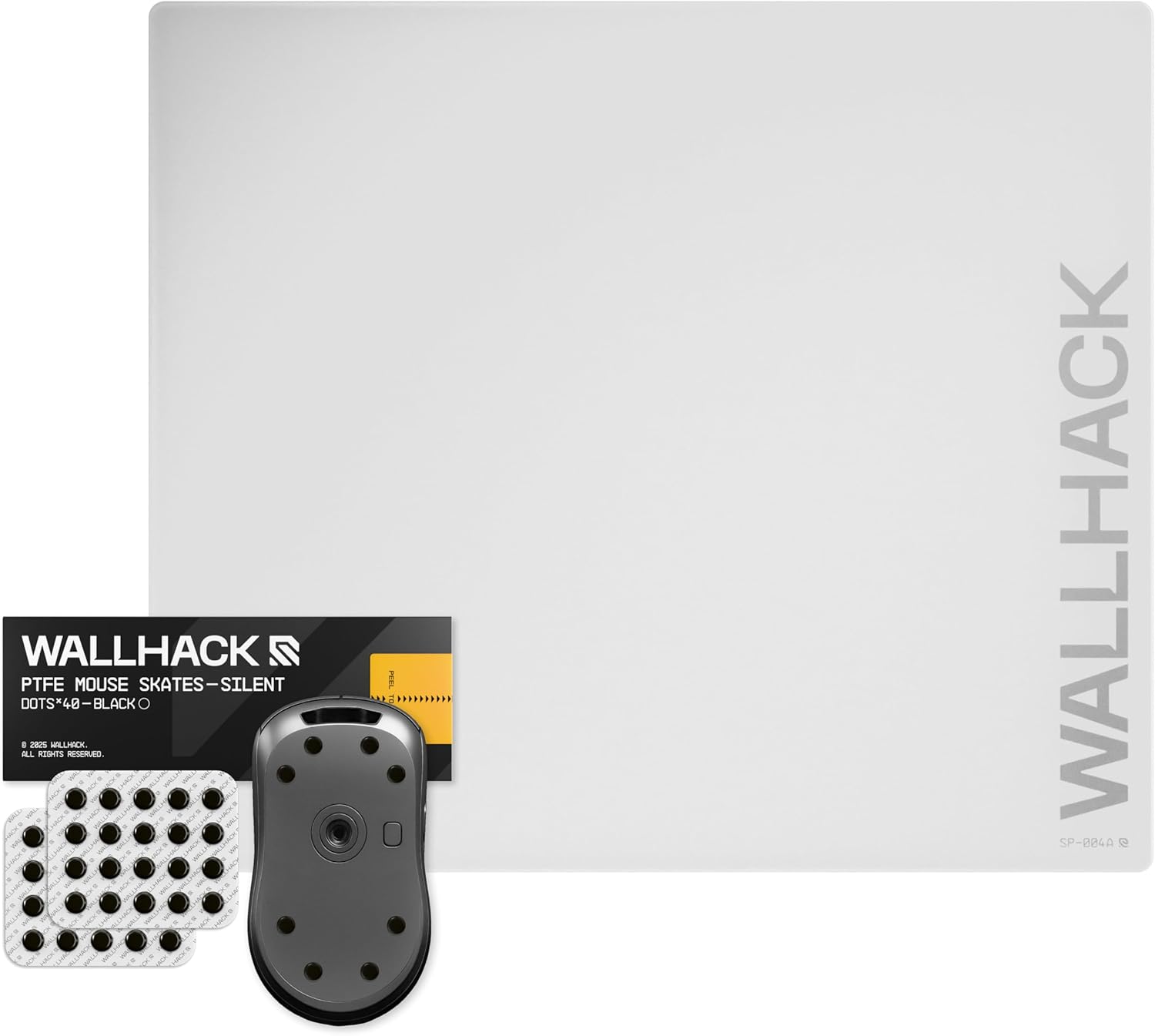 Wallhack SP-004A Glass Mouse Pad White + PTFE Silent Mouse Skates Bundle | Ultra-Fast Glide & Silent Precision | Micro-Etched Tempered Glass Surface + Modular Dot Skates for Custom Speed & Control