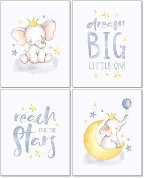 Amazon 紙吹雪 キツネ ゾウ 夢 大きい 赤ちゃん 保育園 壁 アート 装飾 8x10 フレームなし 4枚セット 性別 ニュートラル 男の子 女の子 子守り きらめく星 月 引用 ウォールステッカー オンライン通販