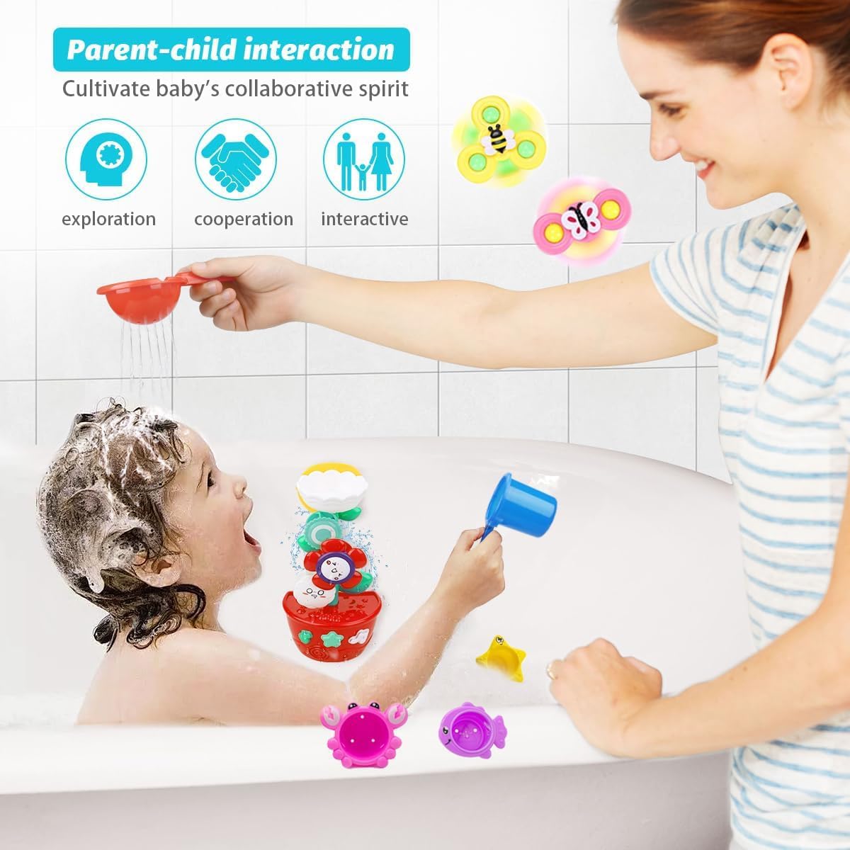 Baby Girl Bath Toys for Kids Ages 1-3 Water Table Suction Spinning Tub Toys Toddler Bathtub Toys with Stacking Cups for Infants 12 18 Months+