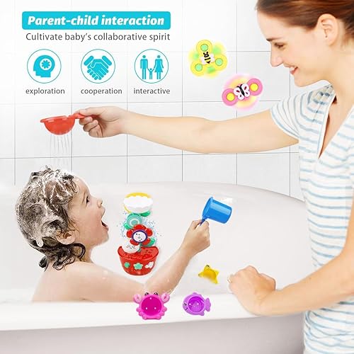 Miniatura 4 de Juguetes de baño para bebés niñas de 1 a 3 años, mesa de agua, juguetes de tina giratoria con succión para niños pequeños con tazas apilables para