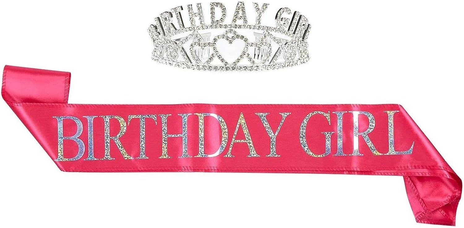 BLUE PANDA 2-Pack Set Birthday Girl Tiara Birthday Sash - Rhinestone Crown Birthday Girl Polyester Sash Decoration 16th, 18th, 21st 30th Birthdays Quinceaneras