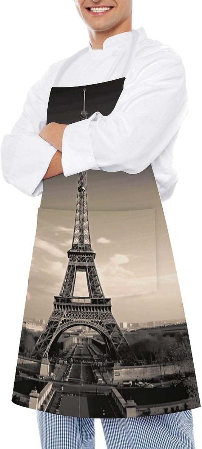 Paris Tower Apron Adjustable Chef Apron with Pocket for Men Women Waterproof Bib Apron Durable Cooking Apron for BBQ Baking Kitchen Cooking Apron