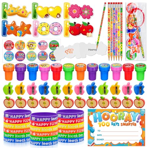 108 Pcs 100 Days of School Awards Set Teacher Favor Gift Kit Include 100th day of school Pencils Bracelets Stickers Certificate Stamp Button Pins for Happy 100 Days of School Party Favors Supplies