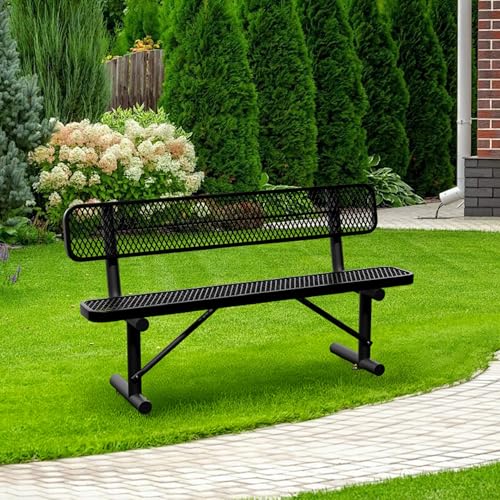 Image of 6 FT Heavy Duty Park Bench, Outdoor Metal Black Bench with Back-Commercial Steel Benches for Outside, 2-4 Person Seat-Garden Benches with Portable Frame for Outdoors