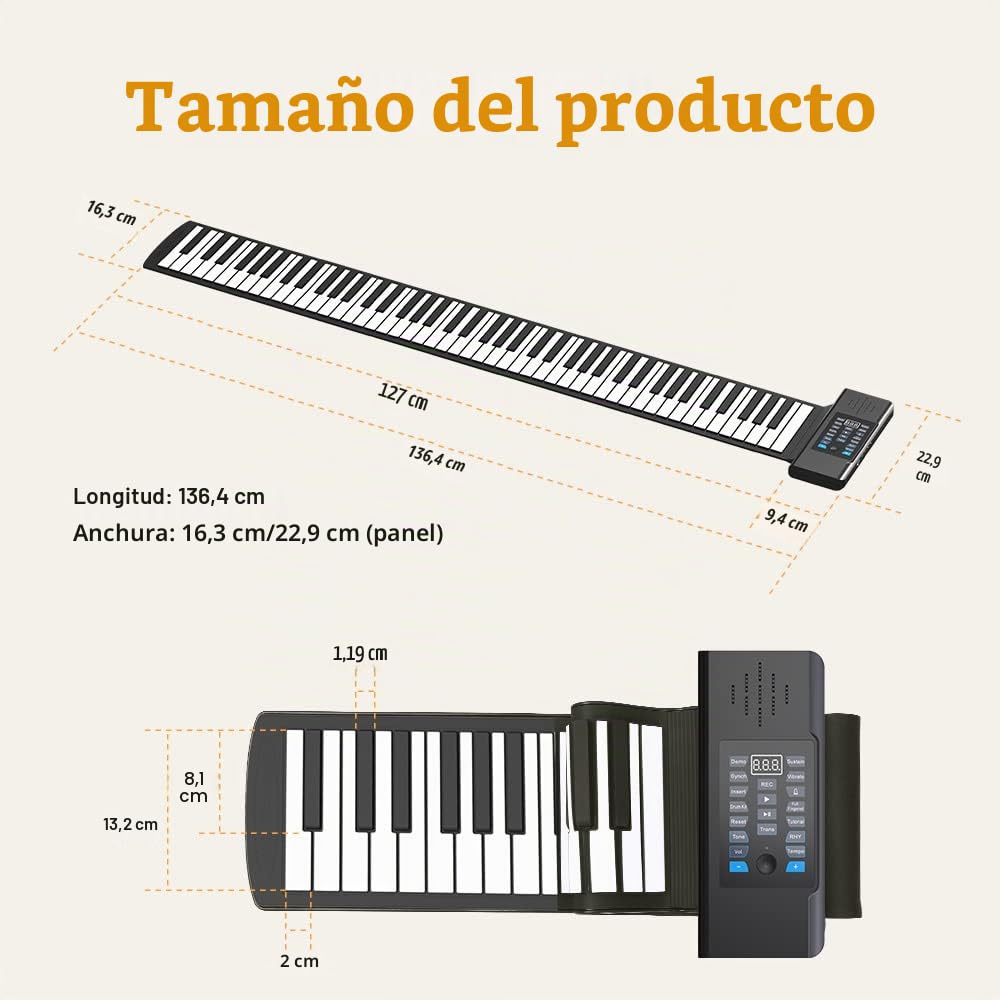 Piano enrollable de 88 teclas, piano recargable portátil mejorado, auriculares MP3 Bluetooth, entrada USB, salida MIDI, 128 ritmos, para vacaciones como el mejor regalo