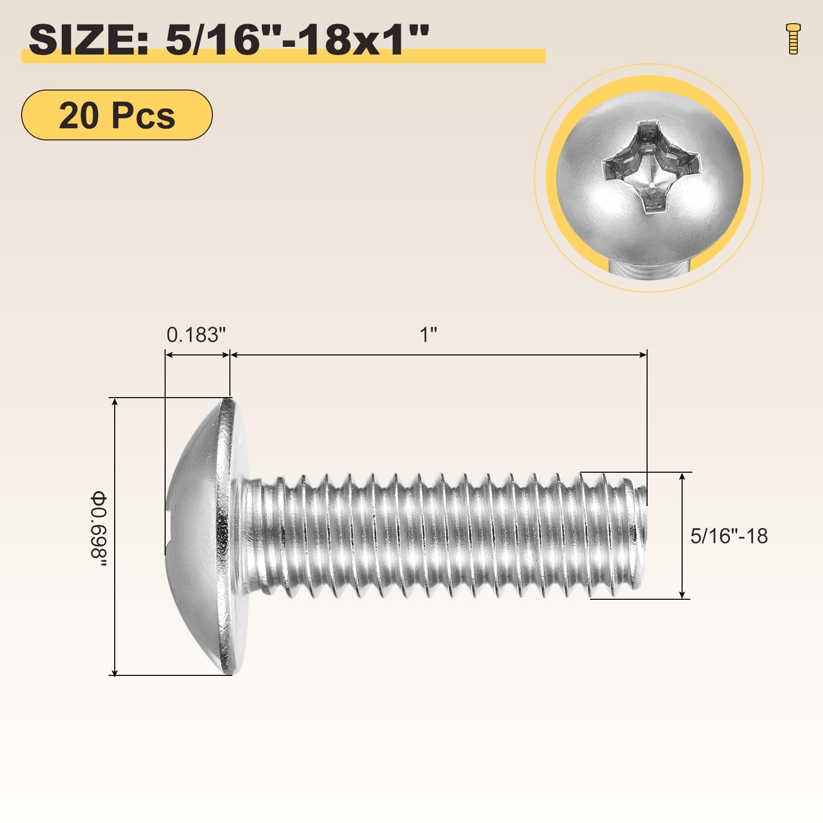 METALLIXITY Machine Screws Phillips Head(5/16"-18x1") 20Pcs, 304 Stainless Steel Round Head Phillips Drive Furniture Bolts - Image 2