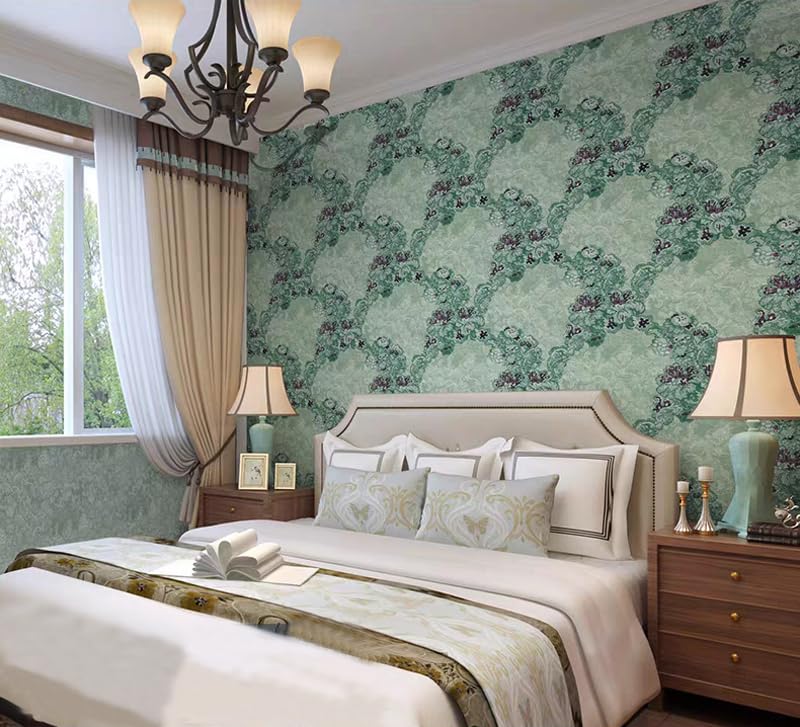 BaierSai 10X0.53M AB Vintage Luxury Flowers 5 Colors Embossed Waterproof Textured PVC Wallpaper Roll for Bedroom Livingroom 1.73' W x 32.8' L=5.3㎡ (57sq.ft) (Light Green A Flower)
