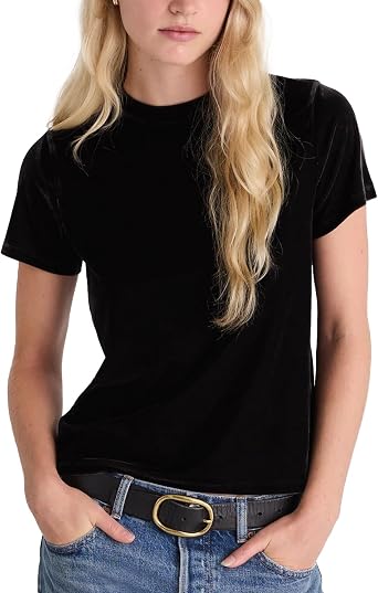 Womens Velvet Tshirt Crew Neck Short Sleeve Tees Dressy Party T-Shirt Velvet Pullover TopsBlack,L