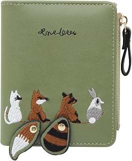 WisePoint Women's Leather Wallet: Embroidered Animal Pattern Credit Card Holder with Zipper Pocket, Compact Purse for Daily Use (Green)