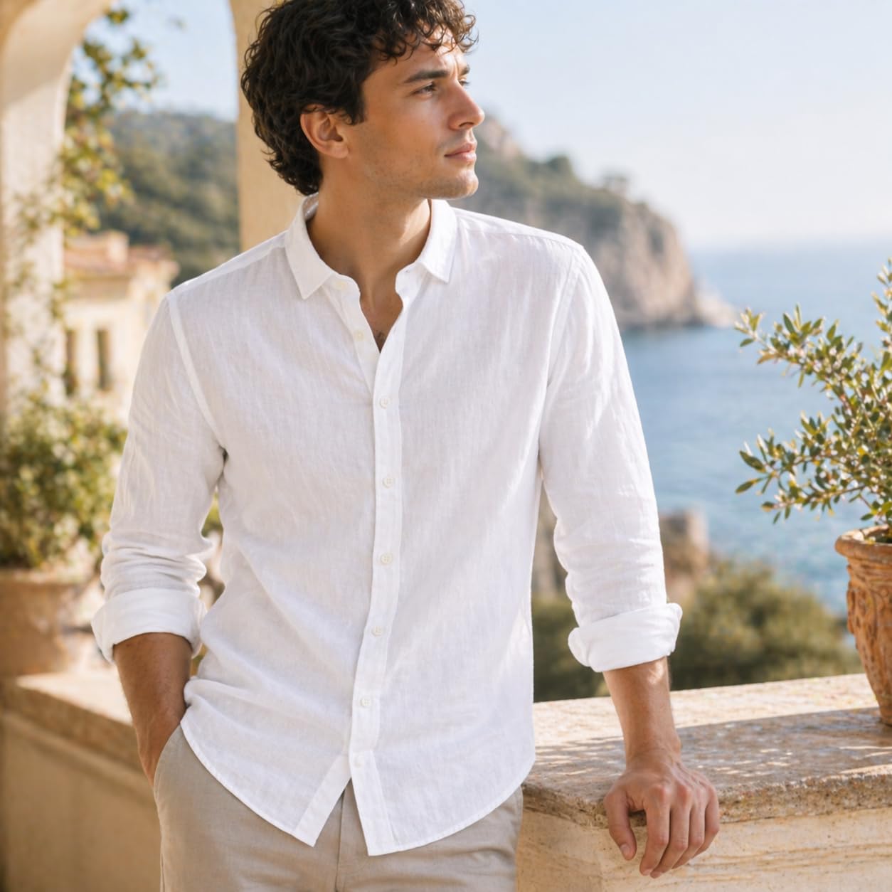 Camisa 100% Lino para Hombre de Manga Larga | Corte Regular Fit Jaspeado | Camisa Casual Transpirable para Verano, Playa y Eventos