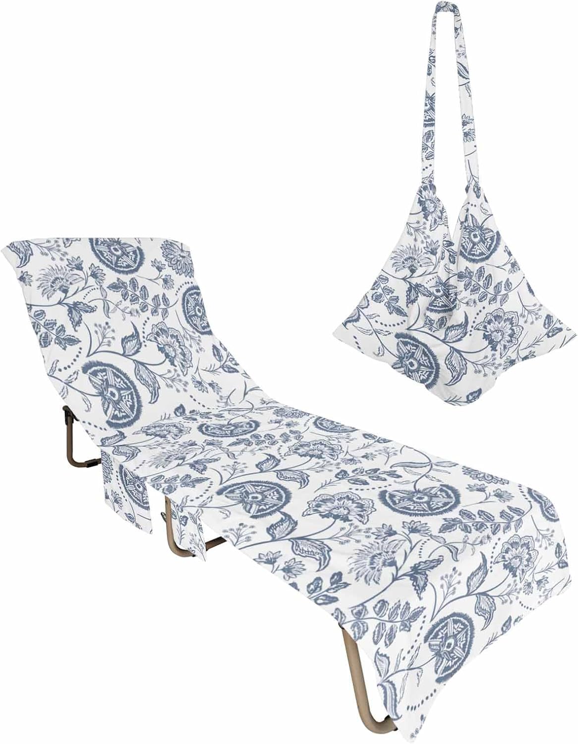 Farmhouse Spring Beach Chair Cover with Side Pockets, Blue Fruit Plant Leaf Flower Country Microfiber & Quick Dry Pool Chaise Lounge Chair Towels Covers for Sun Sunbathing Patio Garden Hotel