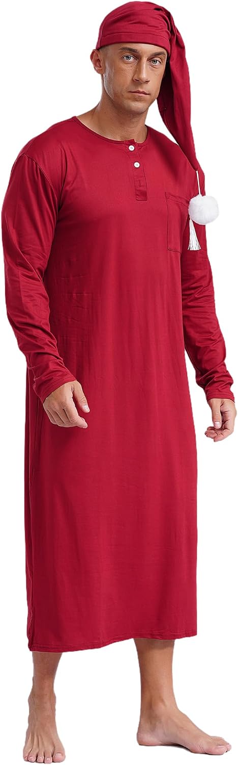 Hedmy Men's Soft Loose Sleepwear Nightshirt Long Sleeve Nightgown Robe Pajama Set with Sleeping Cap