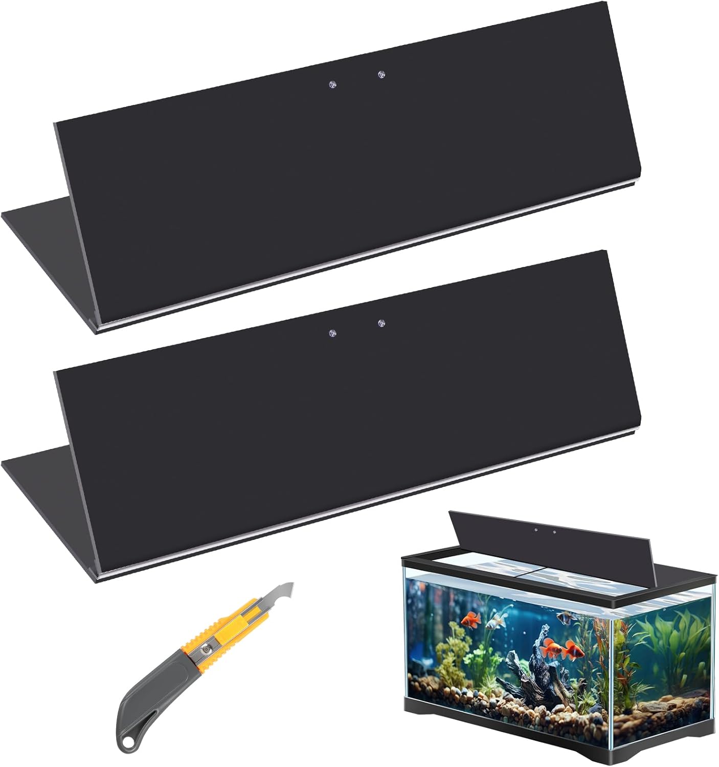 Sieral Aquarium Lids Polycarbonate Canopy 2 Pieces Set 22.95 x 16.61 x 0.12 Inch for 75/90/110 Gallon with Center Brace Aquariums Cover Fish Tank Lid with a Hook Knife, Black Black 48 x 18 Inch