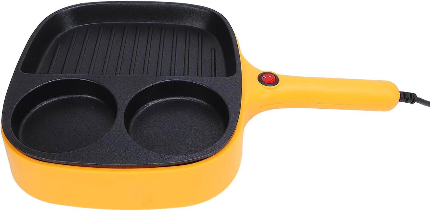 Ymiko Nonstick Divided Grill Pan with Handle, 3 Sectioned Frying Pan Skillet for Tamagoyaki, Pancakes, Salmon, Practical and Convenient Cooking (US Plug 110V)