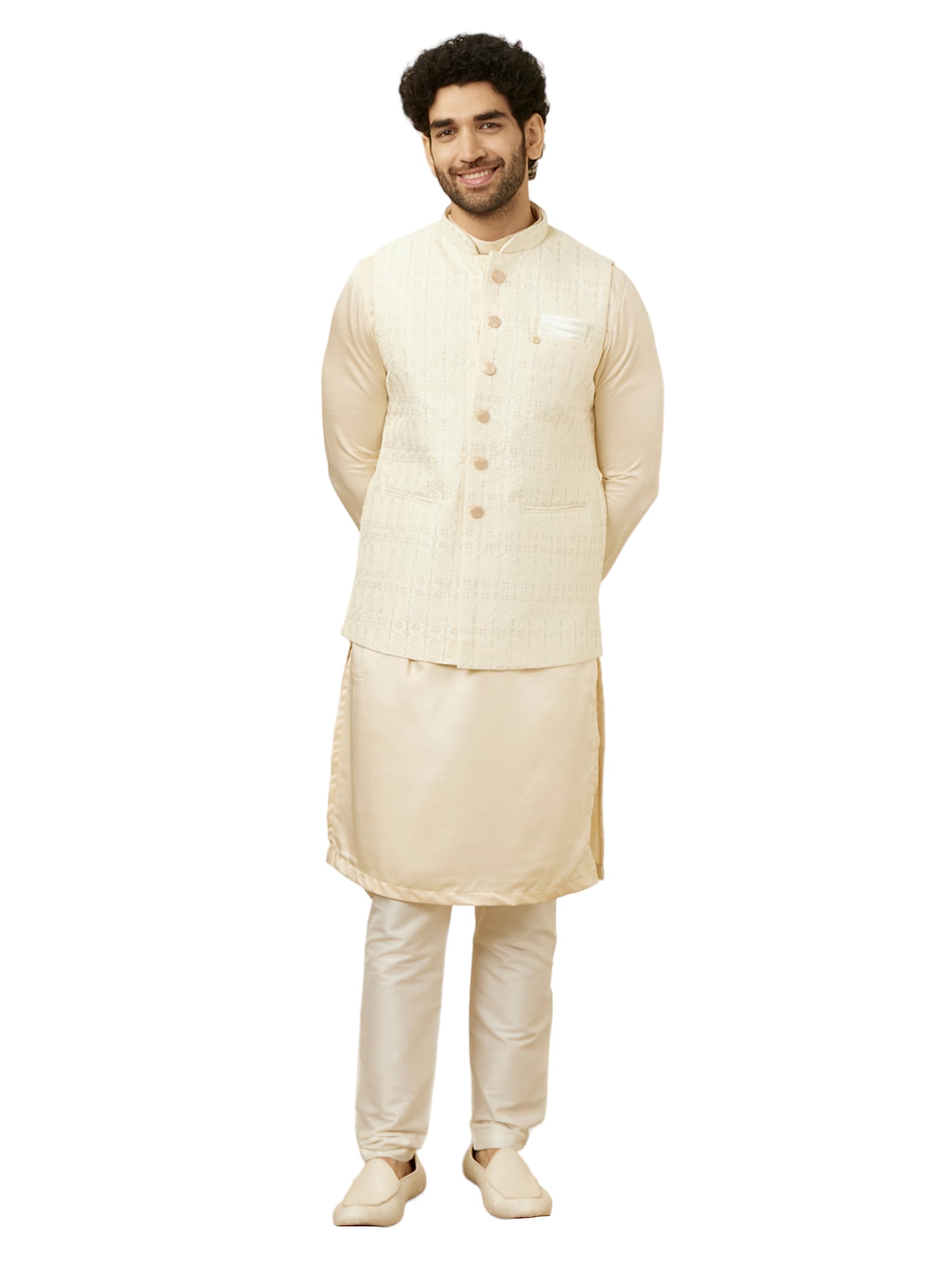 manyavar Men's Art Silk Self Design Sleeveless Casual,Traditional Nehru Jacket Cream-picture-29