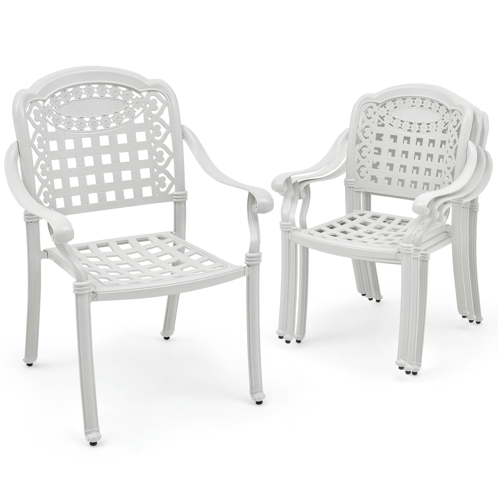 KOMFOTTEU Juego de 2 Sillas de Jardín de Aluminio Fundido, Sillas de Terraza Apilables con Reposabrazos, Sillones de Comedor Exteriores con Carga 165 kg, Sillas de Metal para Patio, Terreza (Blanco)