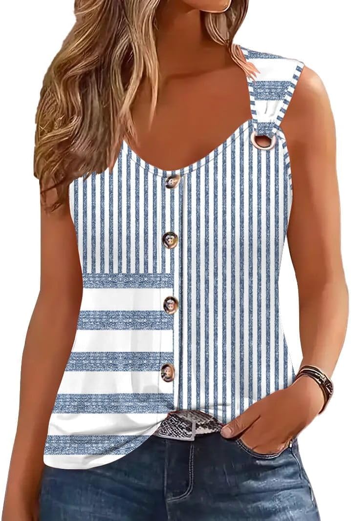 Womens Summer Tops Scoop Neck O Ring Shoulder Tank Tops Casual Sleeveless Button Front T Shirt Blouse