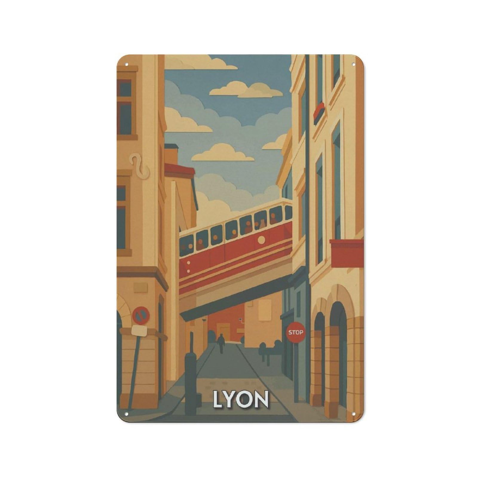 Junmoney Style-1 Lyon Cityscape With Funicular Retro Tin Wall Plaque 30X20cm For Hobby Room Or Studio, For Garage, Workshop And Man Cave Decoration