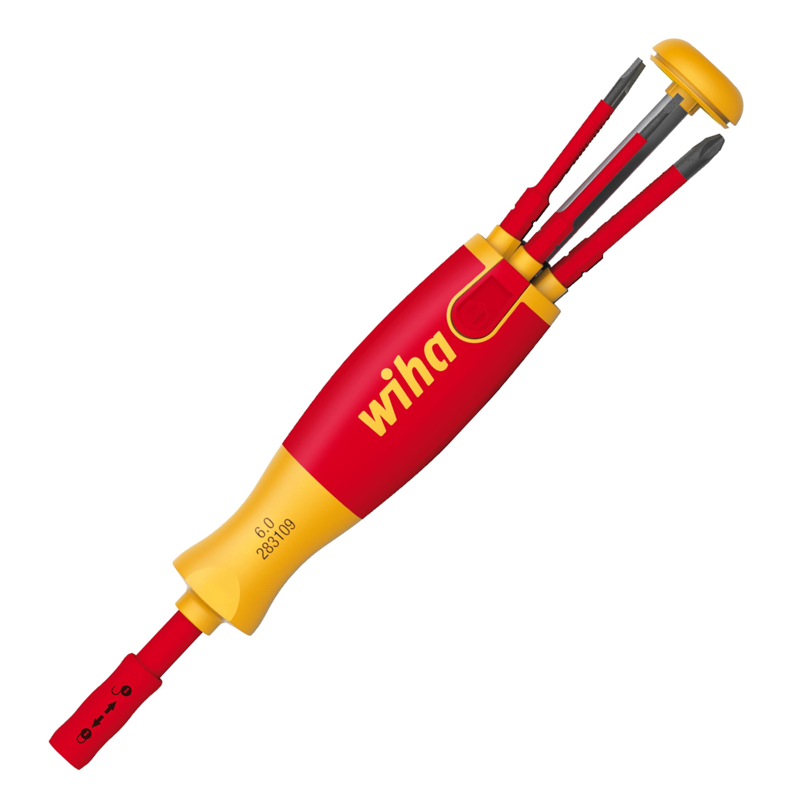 Wiha Tournevis porte-embout isolé LiftUp électricien avec magasin 6 embouts slim (38613) | (38613) Screwdriver set with slimBit magazine for electricians, bit holder, slotted/Pozidriv/PlusMinus